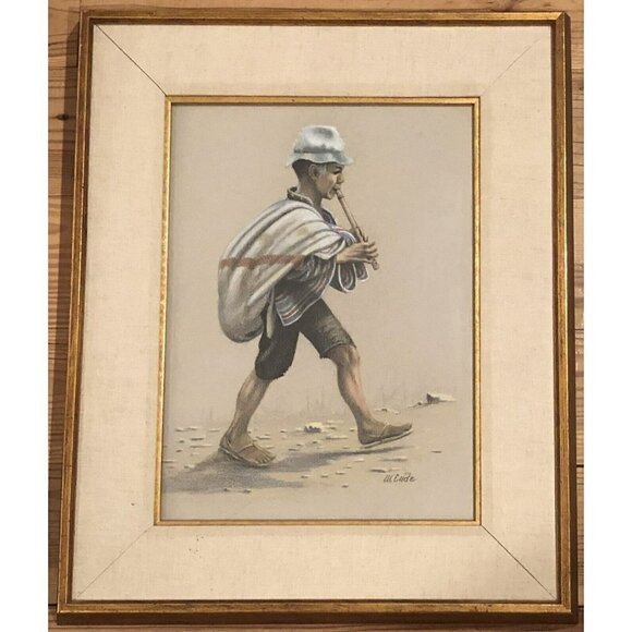 VTG 19"x23" Framed Pastel PRINT Man Playing Flute Recorder by Artist WALT CUDE - Picture 1 of 4